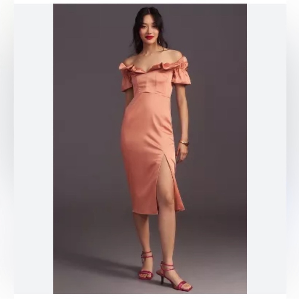 NWT ANTHROPOLOGIE Ruffled Off-The-Shoulder Dress pink satin Size Medium - Picture 3 of 16